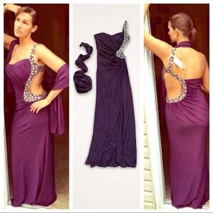 Evening Dress 1 Shoulder Gown Purple Beaded Cutout Embellished NEW